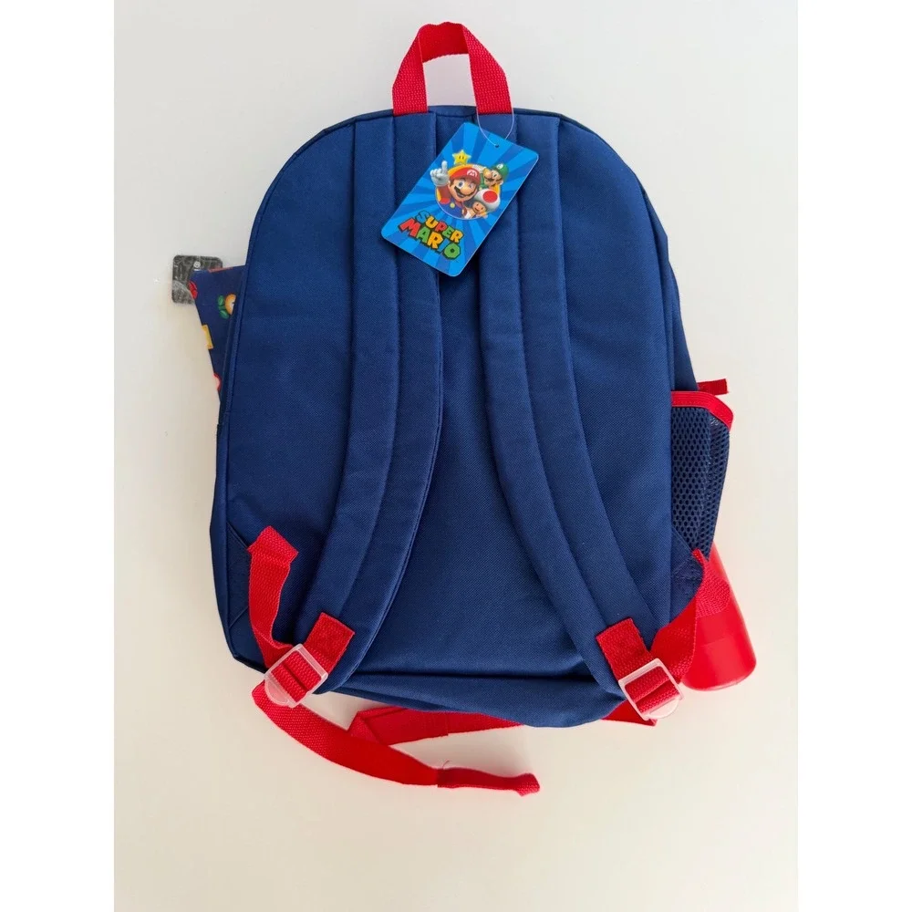 Bioworld Super Mario Kids 6 Piece Backpack Set Lunch Bag Water Bottle Red Blue
